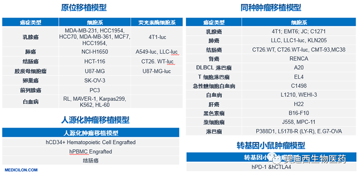 k8凯发国际原位移植模型、同种肿瘤移植模型、人源化肿瘤移植模型和转基因小鼠肿瘤模型清单
